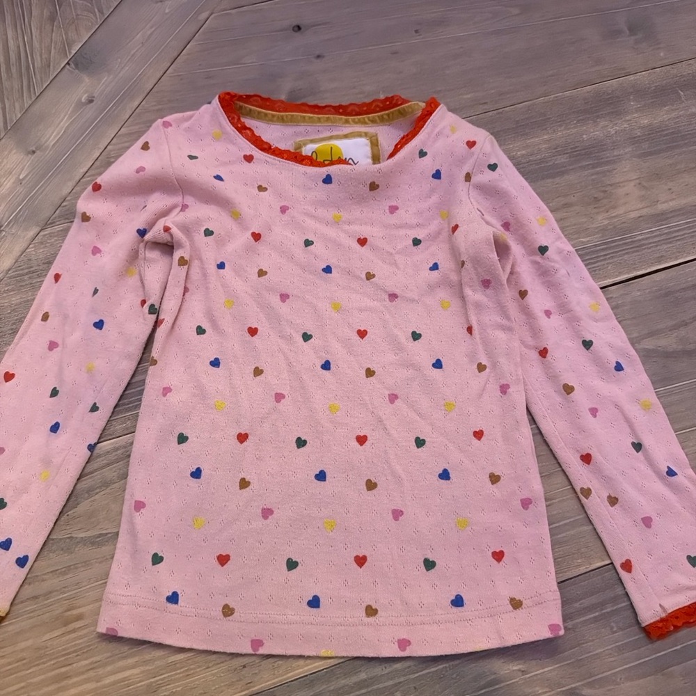 Mini Boden Girls Pink Heart Print Long Sleeve Shirt Size 6-7Y